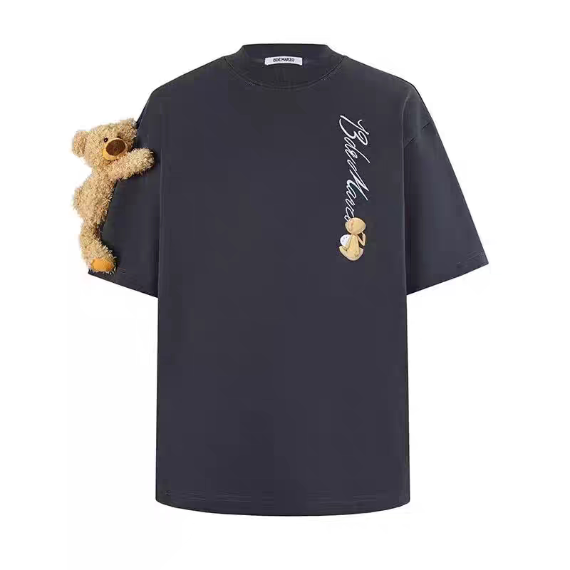 13 Bear Unisex 3D Logo Embroidered Doll Arm Bear Fashionable Round Neck Simple Versatile Short Sleeve T-Shirt