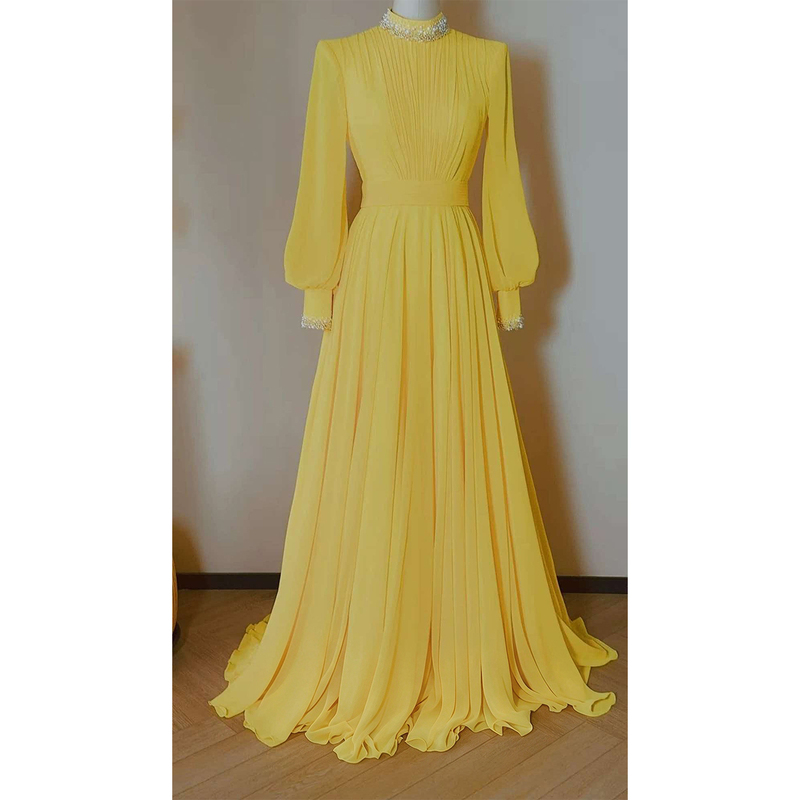 Yellow Long-Sleeved Evening Dress for Women 2026 New Style Banquet Light Luxury Vocal Art Exam Bel Canto Solo Performance Dress Host