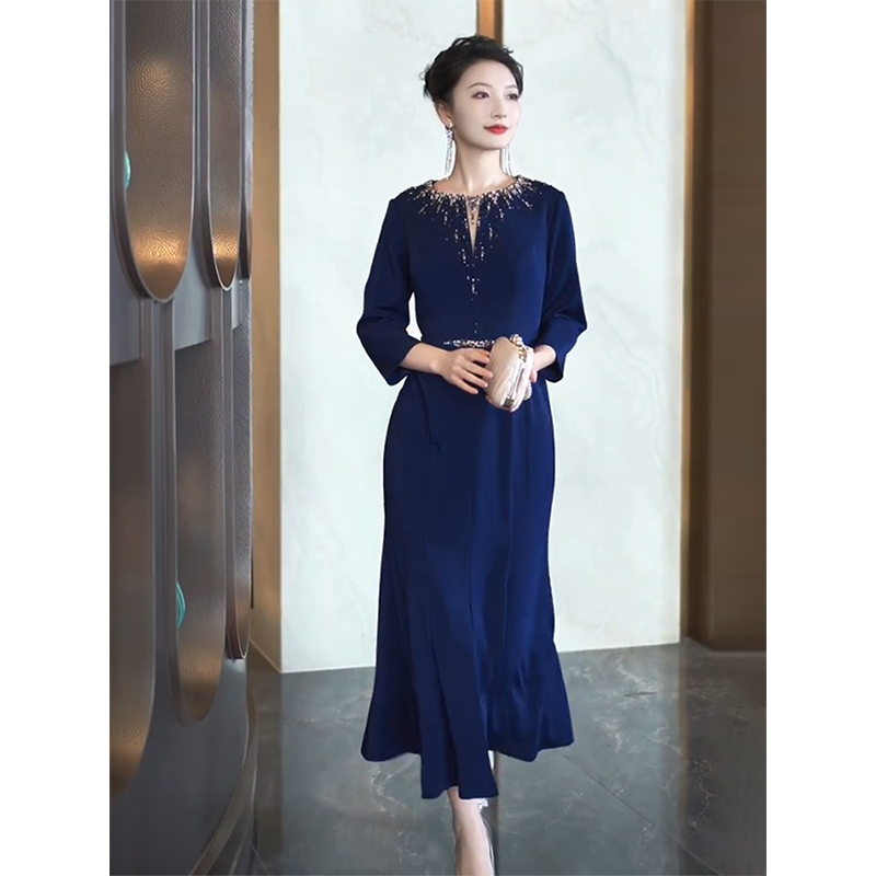 Blue Fishtail Dress 2026 New Style Elegant Mother's Wear Dignified and Grand Ladylike Banquet Dress with Mid-Sleeves Blue Fishtail Dress 2026 New Style Elegant Mother's Wear Dignified and Grand Ladylike Banquet Dress with Mid-Sleeves