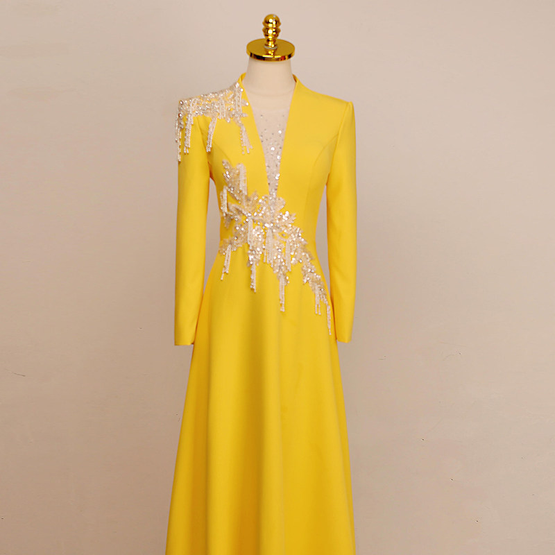 Yellow High-End Banquet Host Dress 2026 New Style High-End Vocal Art Exam Solo Performance Conductor Costume Yellow High-End Banquet Host Dress 2026 New Style High-End Vocal Art Exam Solo Performance Conductor Costume