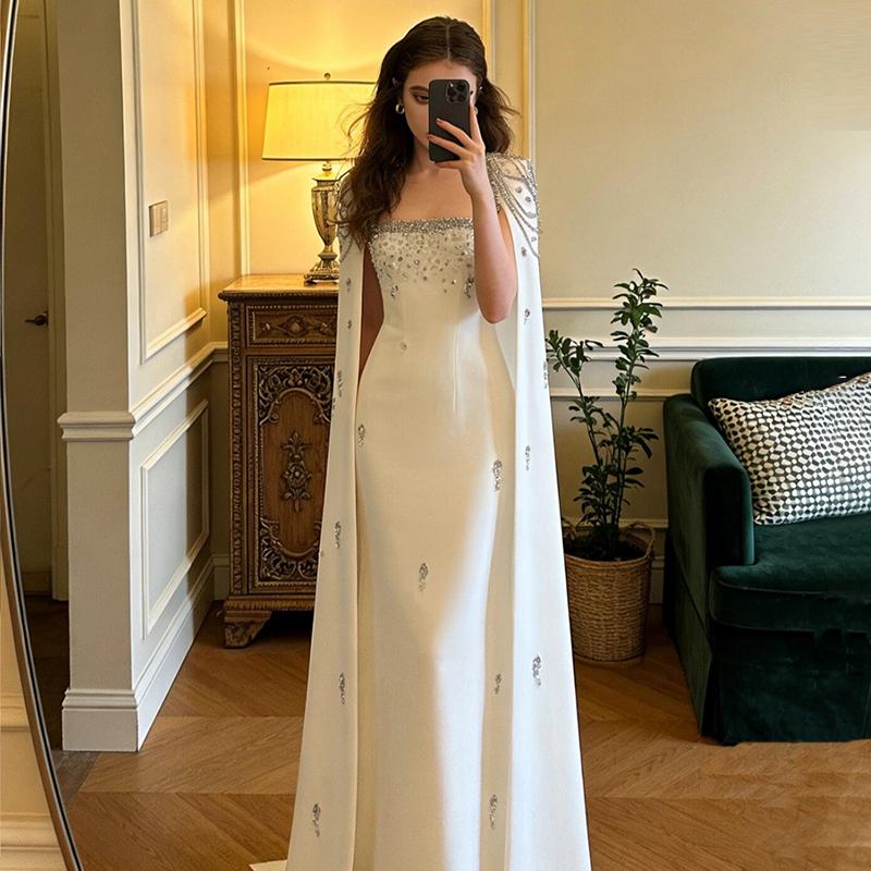 French-Style White Strapless Dress with Rhinestones, Elegant and Classy for Ladies, Suitable for Banquets, with Heavy Craftsmanship, Cape, Host Performance, High-End