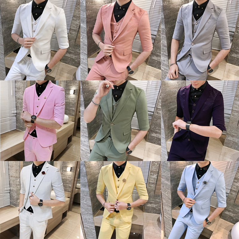 夏季休闲中袖小西服男士英伦商务职业礼服修身七分袖西装两件套装