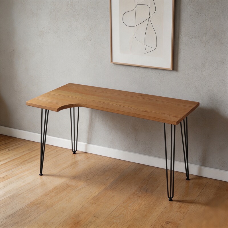 Nordic Solid Wood Desk, Computer Desk, Light Luxury Home-Use Iron Art L-Shaped Corner Table, Modern Minimalist Dining Table with Assembled Table Legs