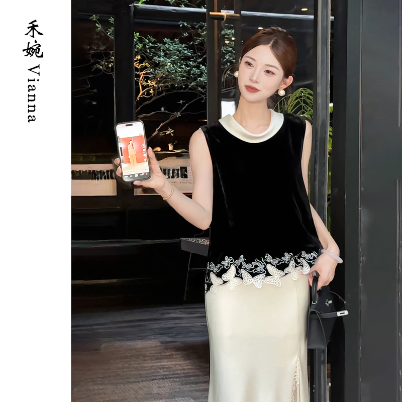 He Wan [Mo Qidie] 100% Mulberry Silk New Chinese Style Sleeveless Top for Women, Summer Silk Black Velvet Vest Blouse