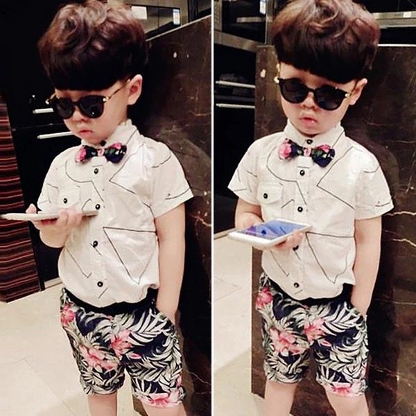 3男童衬衫套装夏季儿童休闲短袖小男孩夏天衣服4潮短裤两件套5岁