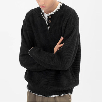 Black design button pullover henry collar sweater trend Black design button pullover henry collar sweater trend