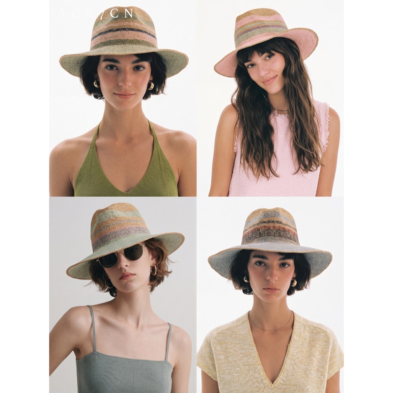 Ace7Cn Nordic Color Series Straw Jazz Hat French Striped Color-Block Wide-Brim Sun Hat for Women
