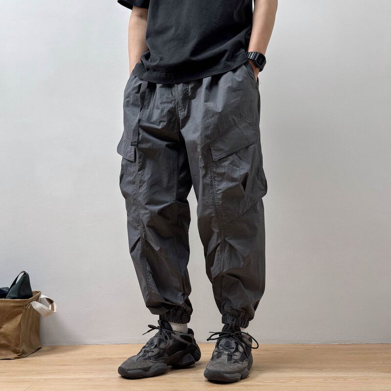 American-Style Cool Workwear Pants for Men, Spring and Summer Thin Pleated Jogger Pants, Loose Multi-Pocket Casual Trendy Long Pants