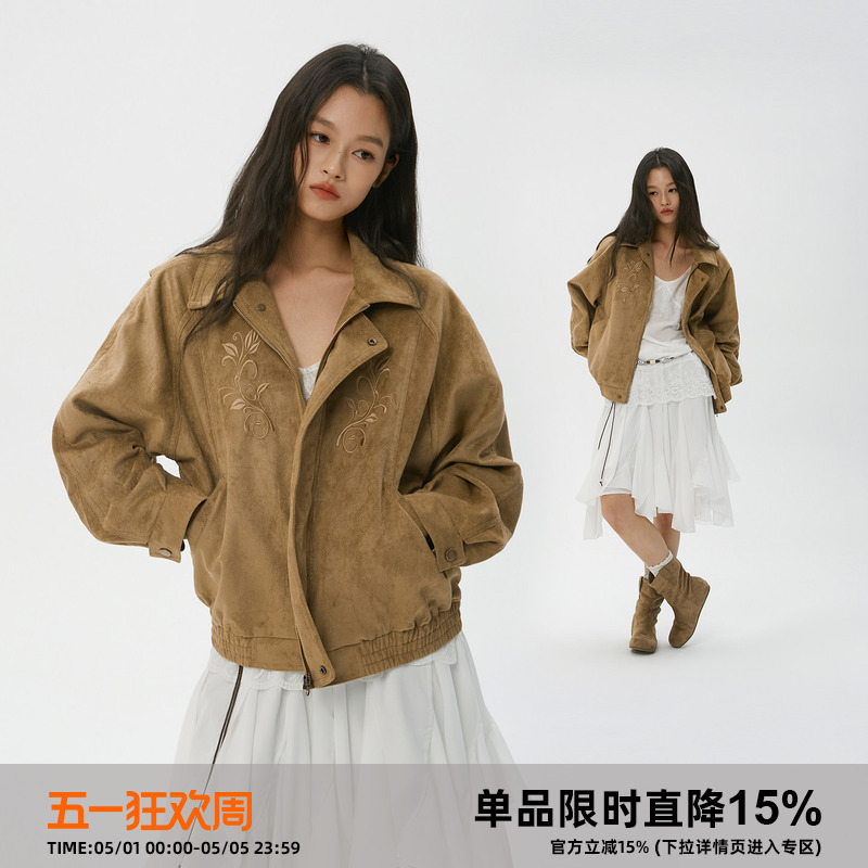 Lan Shi (Clamisgold) *Iris* Embroidered Caramel-Colored Suede-Like Loose-Fitting Jacket