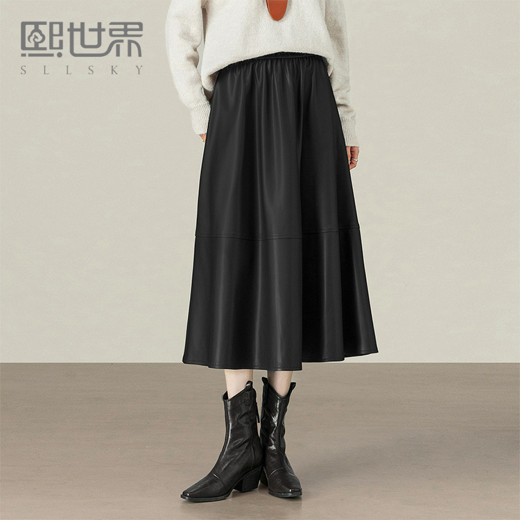 Xi World 高品質マットPUレザースカート（女性用、秋冬用、フェイクAラインスカート、ヒップ隠し＆スリム効果）