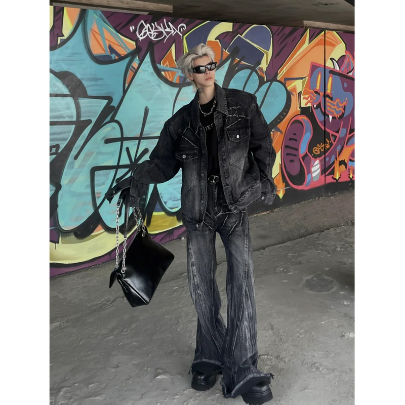 Lightning Water Ripple Design Denim Suit for Men, Niche Spring and Autumn American Motorcycle Punk Style Long Pants and Jacket Two-Piece Set