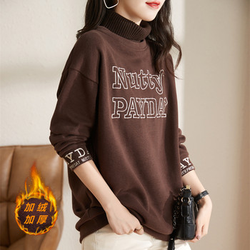 September Momo large size plus velvet thickening 2021 autumn and winter high-necked embroidery sweater women's Korean version loose mid-length top