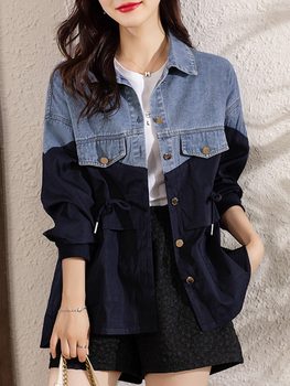 September Momo European women's clothing 2022 autumn new Korean version loose color contrast denim splicing jacket long-sleeved top