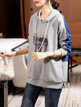 September Momo European goods 2023 spring Korean fashion age-reducing air cotton stitching denim long-sleeved hooded sweater