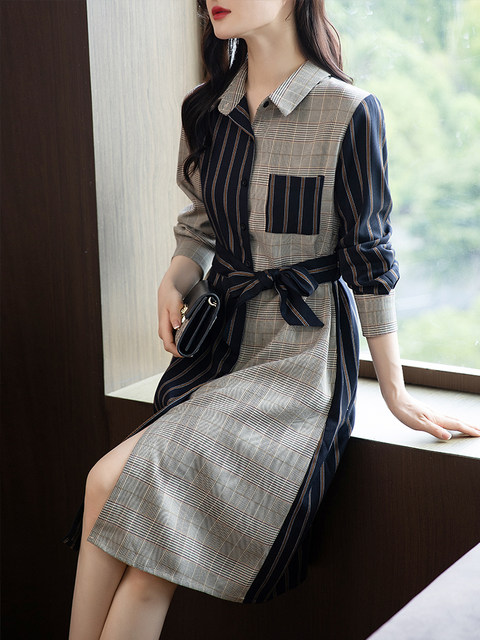 September Momo European goods 2022 autumn color contrast stitching lapel temperament waist waist tie plaid French shirt skirt female