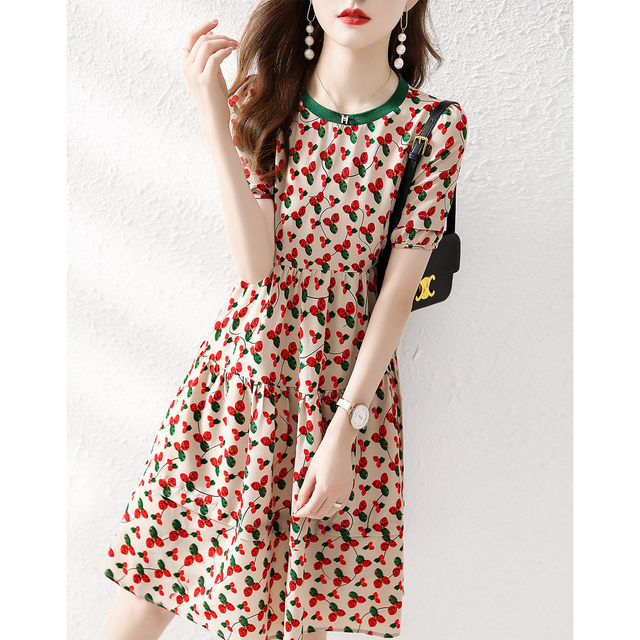 Clearance first-line brand counter women's clothing withdrew cut label small fresh print waist slimming round neck dress