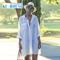  White shirt Womens long-sleeved seaside beach jacket Swimsuit blouse Vacation bikini pullover Sunscreen