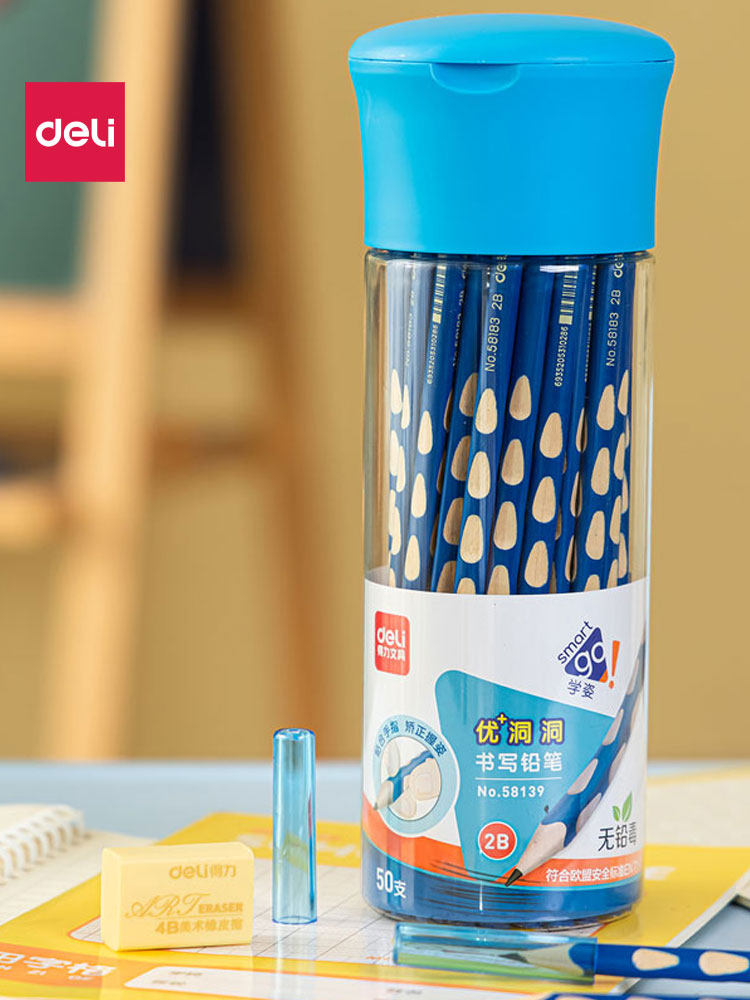 Deli Hole Pencil for Correcting Grip Posture, Triangular Barrel, Non-Toxic Lead-Free Hb Pencil, 2B Pencil, Exam Hb Pencil, Children's Pencil, Kindergarten Writing Stationery Supplies