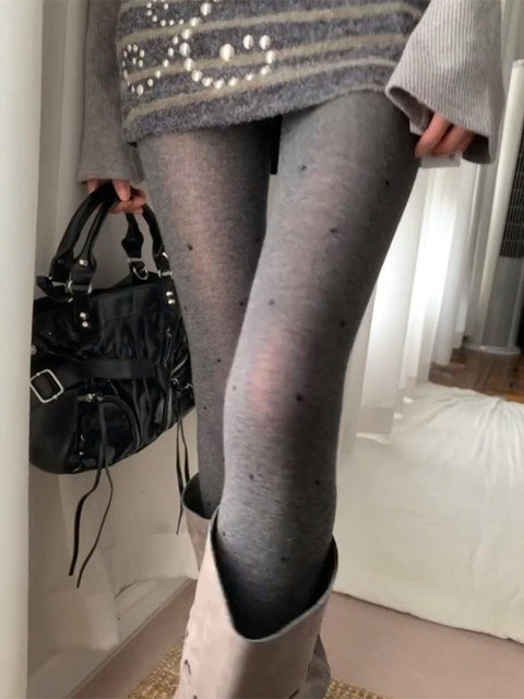 Gray Polka Dot Long Boot Pantyhose French Retro Style Silk Stockings Gray Series Slimming Polka Dot Leggings for Women Spring and Autumn
