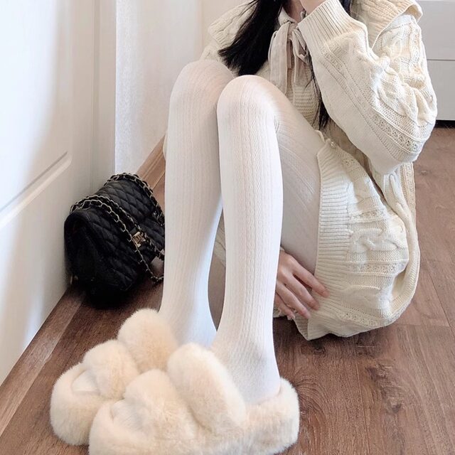 Autumn and Winter Slimming Off-White Pantyhose Japanese Style Cable Knit Jk Stockings Thickened Warm Leggings for Women