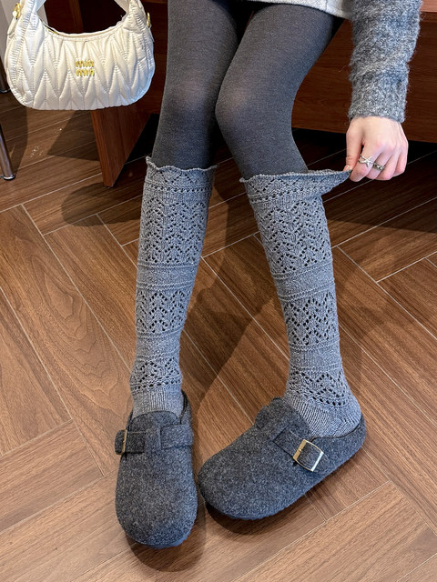 Weixue Style Wool Slouch Socks for Women, Autumn and Winter Warm Knitted Hollow-Out Calf Socks, Spring and Autumn Lace Wool Long Socks
