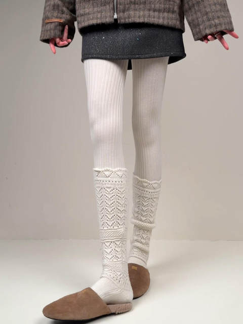 Weixue Style Knitted Hollow-Out Calf Socks for Women, Spring and Autumn Warm Wool Slouch Socks, Autumn and Winter Lace Wool Long Socks