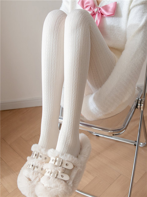 Cream-Colored Cable Knit Tights for Women, Spring and Autumn, Solid Color, Japanese Style, Versatile, Slimming, Outerwear, Vertical Stripes, Fleece-Lined Leggings