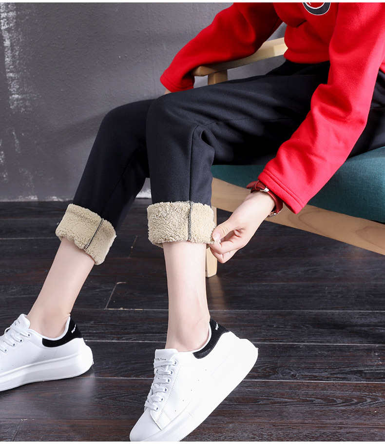 Quần mùa đông Wei quần nữ dày ấm cừu cashmere quần bó sát cộng với quần nhung quần âu chân quần quần harem quần suông ống rộng nữ