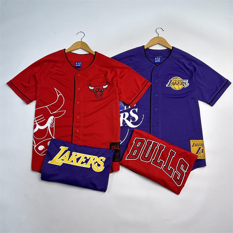 2025 Spring New Arrival North American Basketball Single-Button Baseball Cardigan with Thousand-Stitch Embroidered Team Logo, Plus Size Short Sleeve
