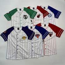 Short summer new American basketball white striped baseball cardigan embroidered team logo large size sports half-sleeve