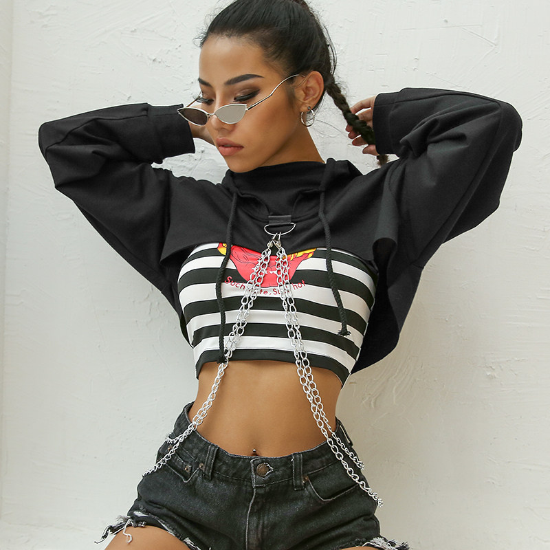 H home Europe and the United States ins wind chic chain stitching hooded top Women's early spring top loose thin ultra-short jacket