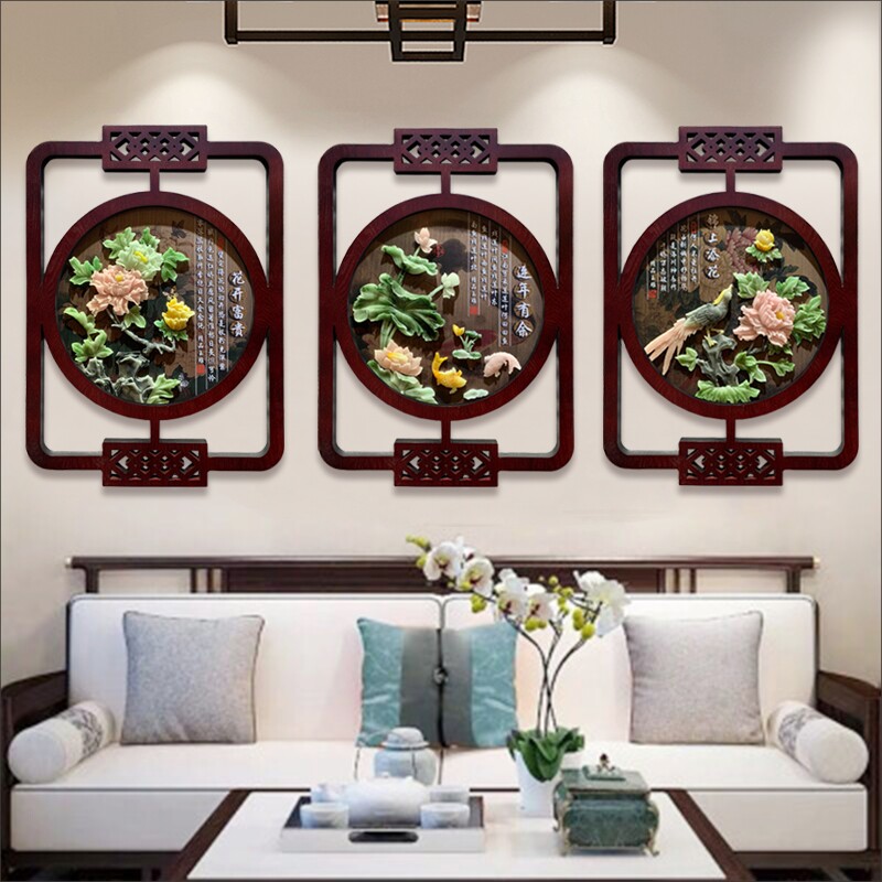 Decorative painting of sofa background wall new Chinese living room hanging painting porch mural dining room jade carving painting 3d three-dimensional relief painting