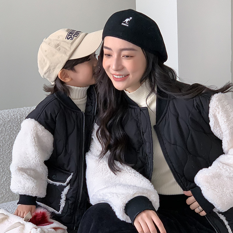 Fried Street pro-child clothes mother-son autumn winter 2023 new splicing thickened cotton clothes foreign pistachio woman dress warm and parent-child jacket-Taobao