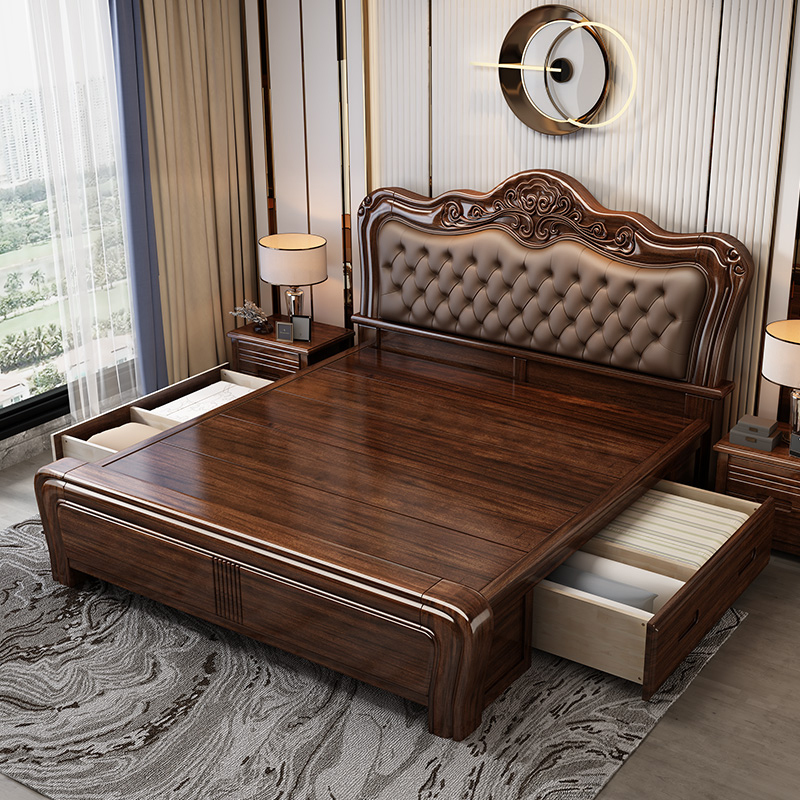 Golden Sandalwood Solid Wood Bed 2026 New Model High-End and Elegant 1.8m Master Bedroom American Style Genuine Leather 2m X 2.2m Double Bed