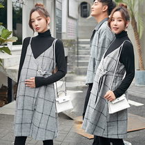 Maternity dress 2021 new suit fashion loose wear plaid suspenders skirt foreign autumn coat