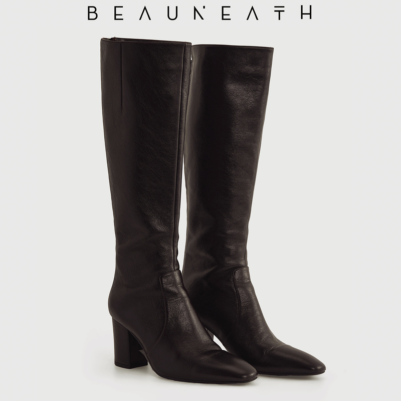 Beauneath【Roland High Boots】3Rd Generation Versatile Soft Oil Wax Cowhide 7cm Pointed Round Toe Long Boots