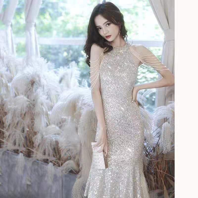 Elegant Sequin Mermaid Evening Dress for Petite Women 2025 New Style, Suitable for High-End Annual Meeting Hosts, Light Luxury Niche Design