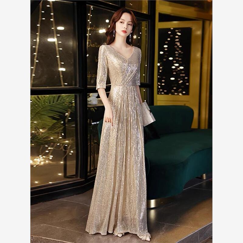 French-Style Golden Evening Dress for Women, High-End, Light Luxury, Niche, Banquet, Elegant, Classy Adult Birthday Host Dress French-Style Golden Evening Dress for Women, High-End, Light Luxury, Niche, Banquet, Elegant, Classy Adult Birthday Host Dress