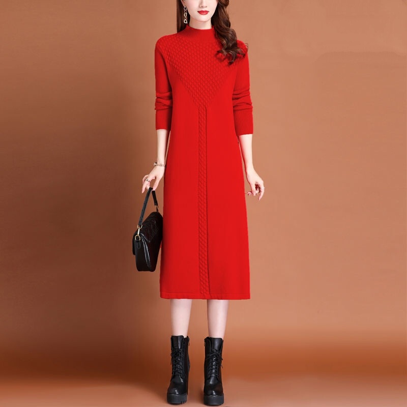 Middle-Aged Mother's Autumn and Winter Wool Sweater, Elegant Knitted Cashmere Dress, Over-The-Knee Inner Layer, Paired with Coat and Skirt