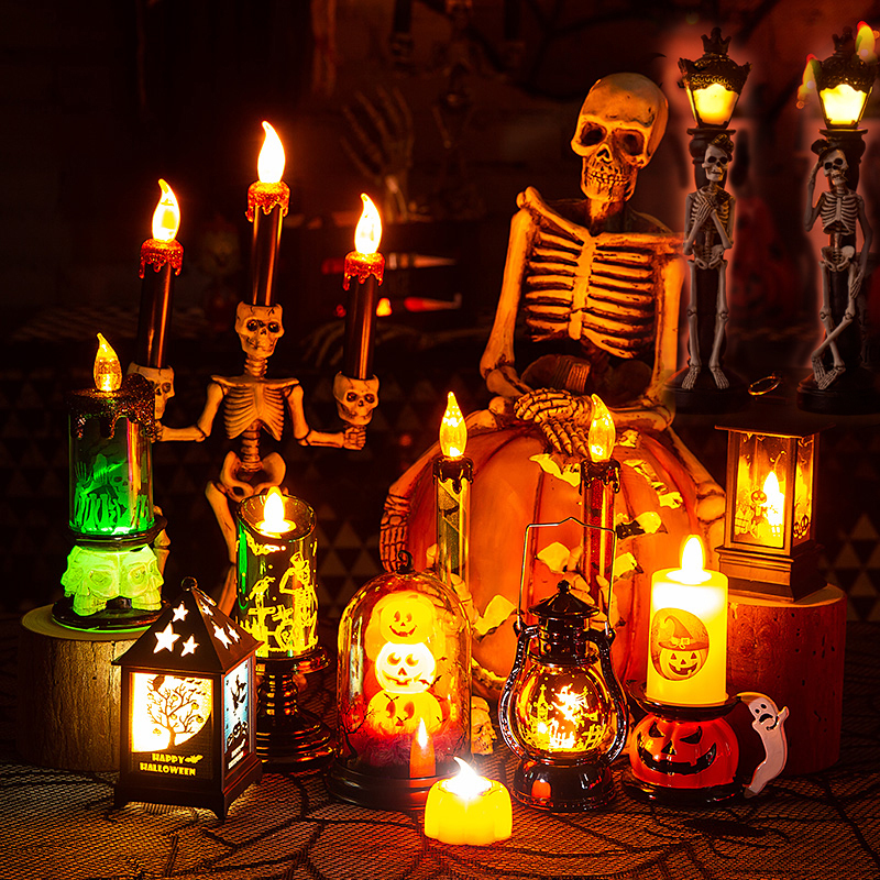 Halloween Decorations Script Killer Glowing Pumpkin Lantern Skull Candlestick Candle Light Ornaments Scene Setup