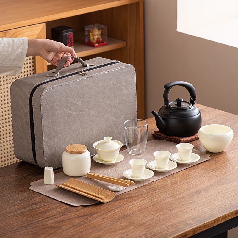 Beige Color Tea Art Teaching and Training Tea Set with Pot, Complete Set for Exams, Performances, and Outdoor Portable Use