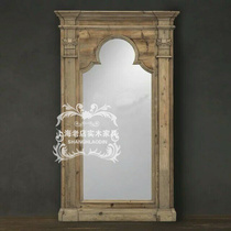American solid wood carved dressing mirror retro old log barber shop clothing store full body floor mirror fitting mirror