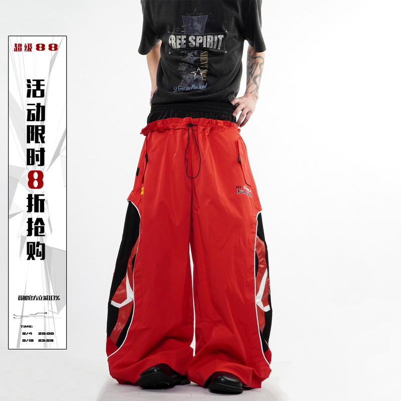 76Street Racing Motorcycle Deconstructed Patchwork Color-Block Double Waistband Casual Pants Unisex Loose Wide-Leg Long Pants Trendy 76Street Racing Motorcycle Deconstructed Patchwork Color-Block Double Waistband Casual Pants Unisex Loose Wide-Leg Long Pants Trendy