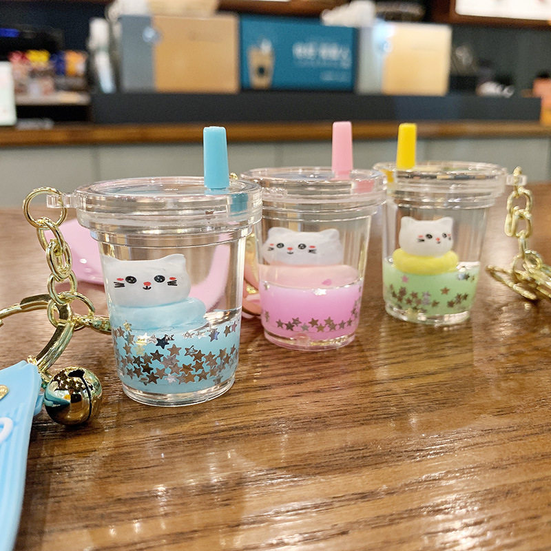 Card with oil milk tea kitty acrylic flow sand liquid floating pendant can love girl chain bag hanging decoration key button