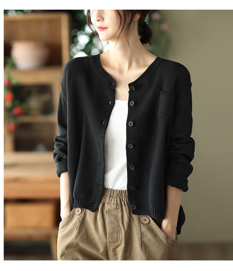 2025春季宽松纯色圆领显瘦百搭通勤韩版针织毛衣单排扣开衫外套女