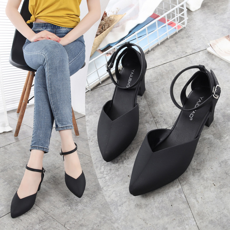 Summer pointed toe mid-heel buckle jelly rain boots hollow breathable plastic shoes women's outerwear thick-heeled waterproof shoes