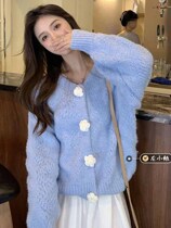 Warm Soft Milky Blue Sweater Jacket Woman 2021 Early autumn new day Department Lazy Knit Cardiovert Milky blouse