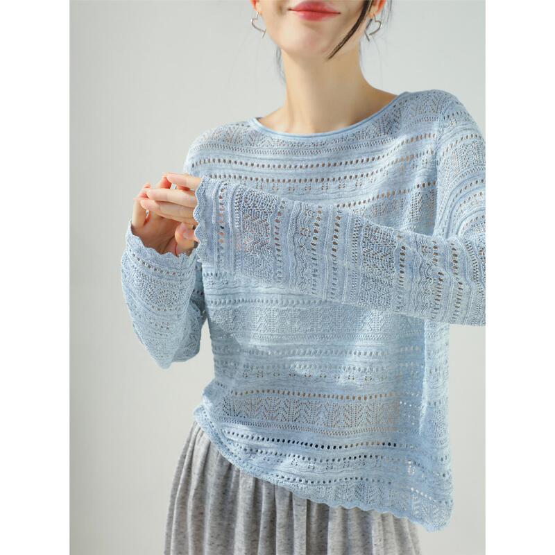 Yixian丨 Blue Design-Inspired Rolled-Edge Round-Neck Hollow-Out Knit Top for Women, Summer Thin Semi-Sheer Long-Sleeve Blouse