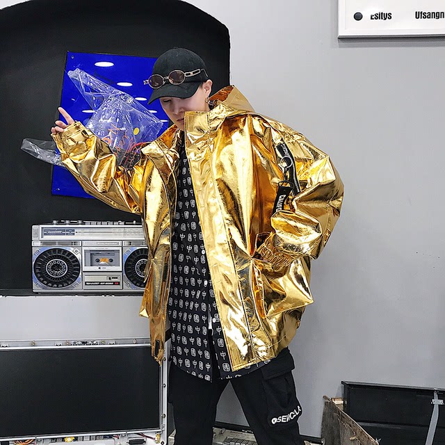 Silver shiny hip-hop jacket male ins national trend personality hooded hiphop handsome jacket trend net red Douyin