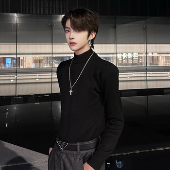 Autumn and winter solid color half turtleneck sweater for men, black inner layer, warm and handsome, small turtleneck bottoming sweater top with velvet